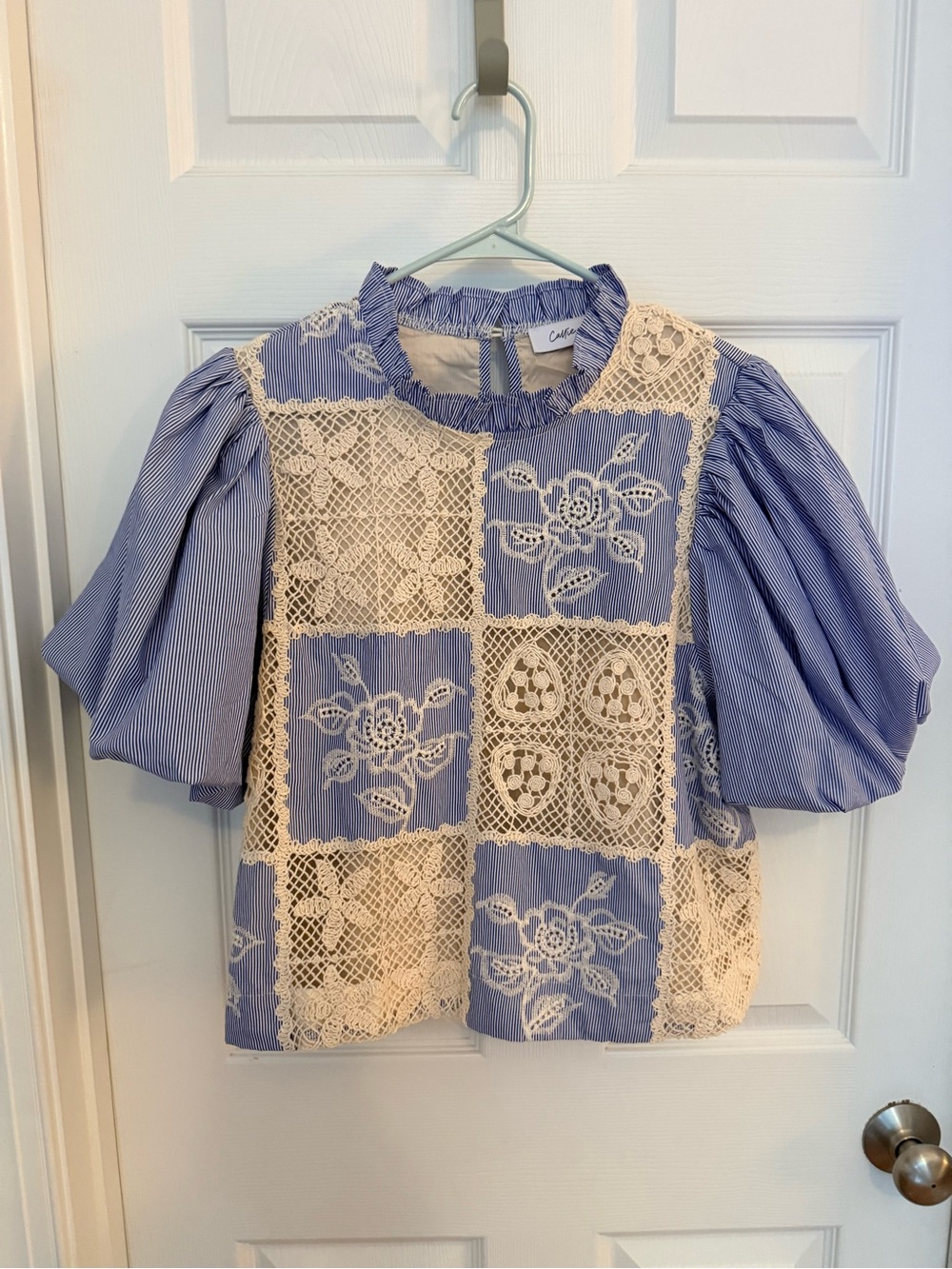 Charming Lace Panel Blue Top with Puff Sleeves